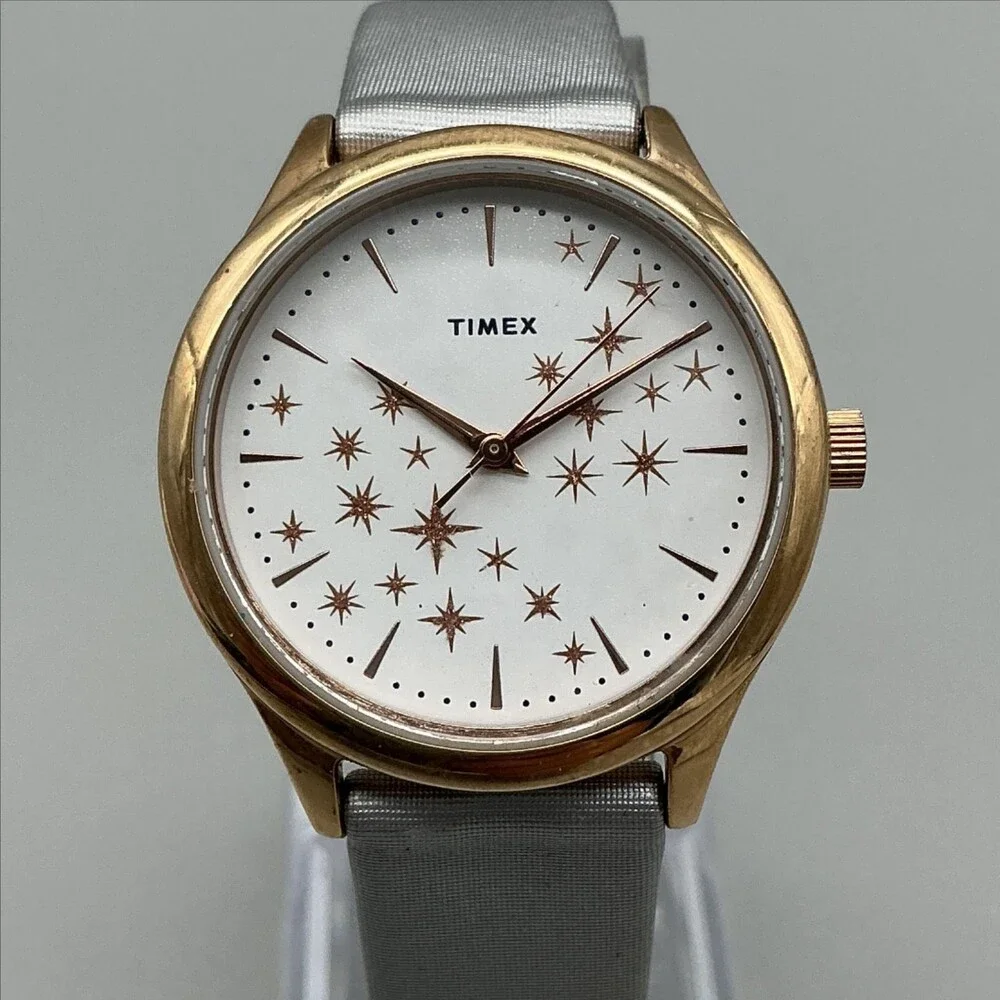 Timex Star Dial Womens Watch 33mm Rose Gold Tone Gray Leather New Battery